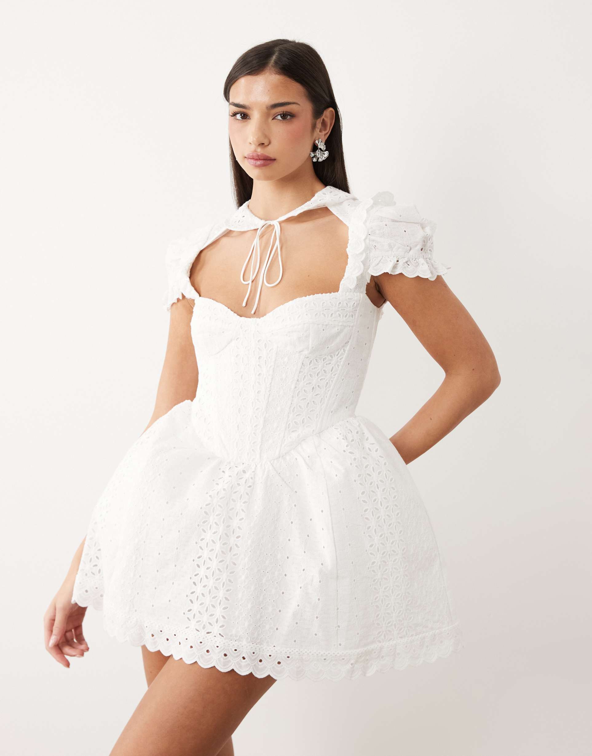 bardot allington broderie corset puff sleeve tie collar detail mini dress in white