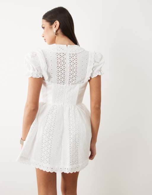 Bardot Allington broderie corset puff sleeve tie collar detail mini dress  in white | ASOS
