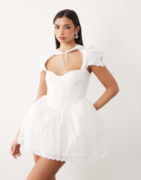 Bardot Allington cotton broderie corset puff sleeve tie collar detail mini dress in white - view 1