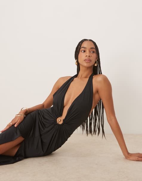 Bardot Alma plunging midi dress in black