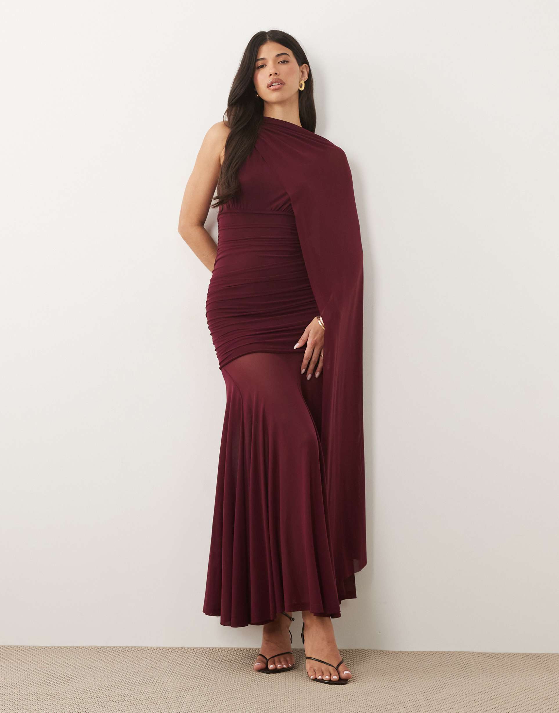 bardot alverie mesh sleeveless scarf detail ruched maxi dress in burgundy