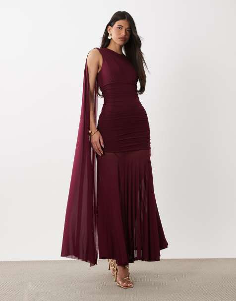 Bardot Alverie mesh sleeveless scarf detail ruched maxi dress in burgundy
