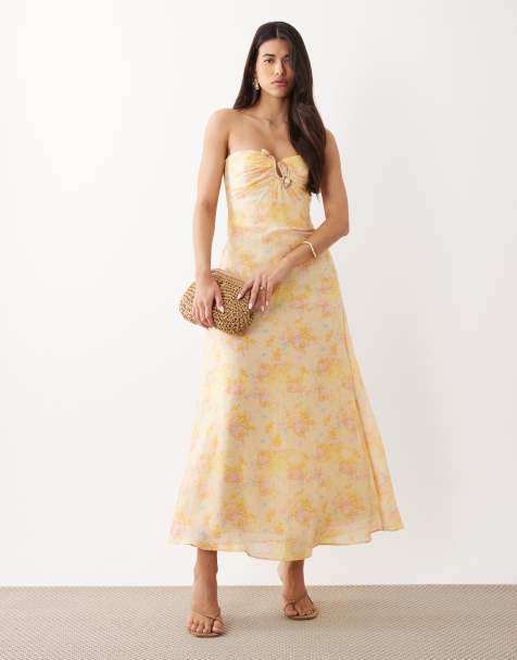 Bardot Amina cotton bandeau gold hardware detail maxi dress in yellow floral - view 1