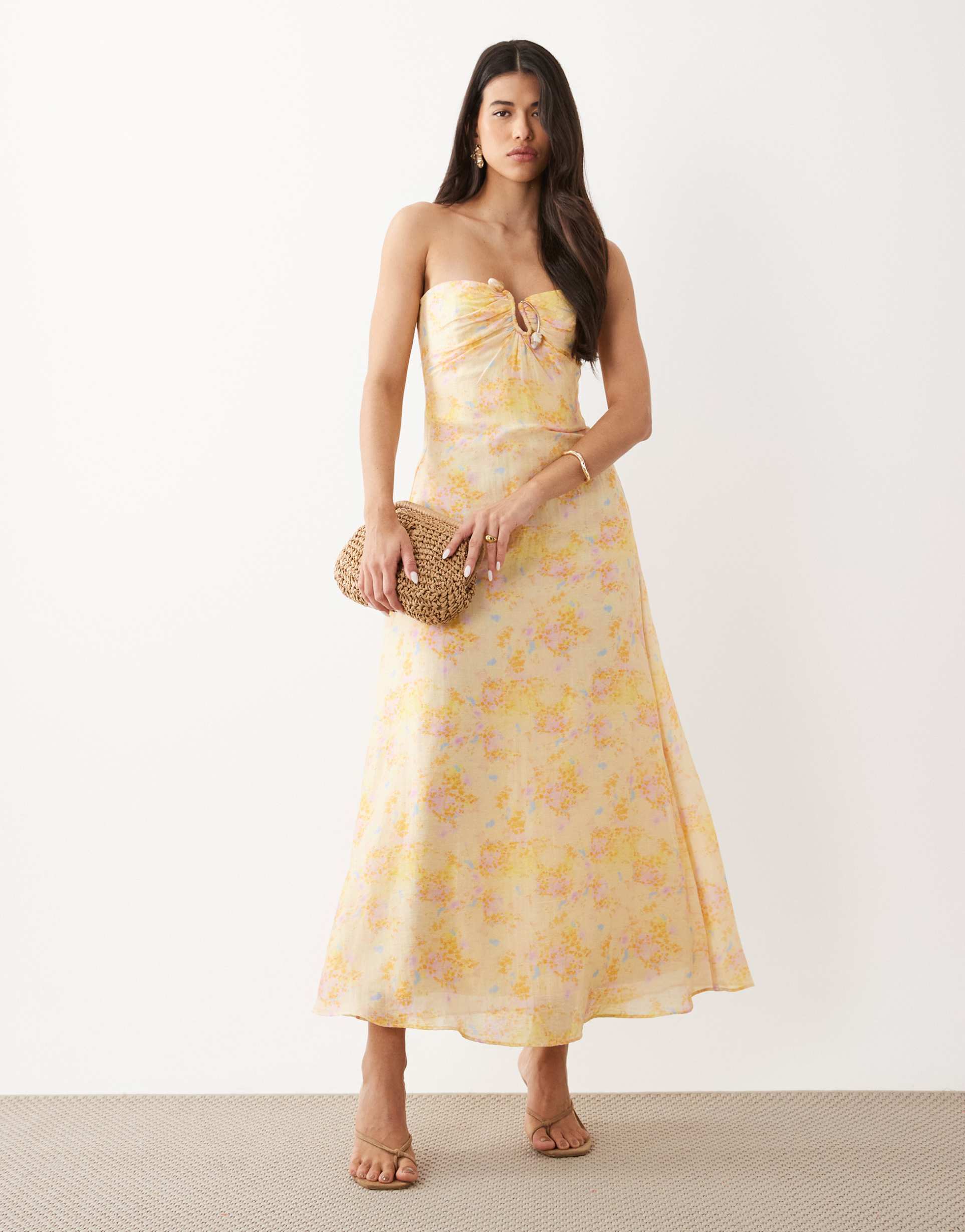 bardot amina strapless midaxi dress in yellow floral