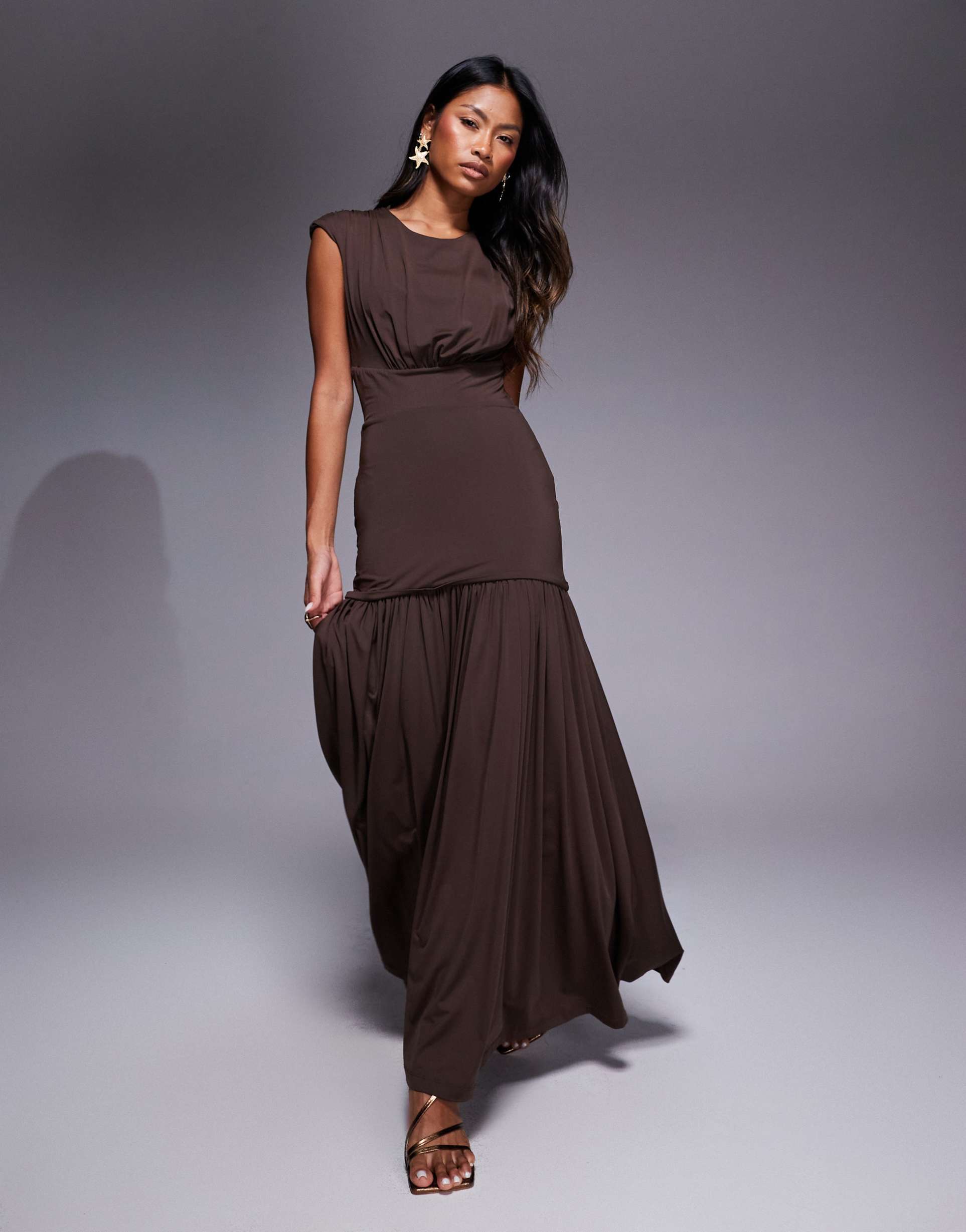 bardot annaise high neck maxi dress in chocolate