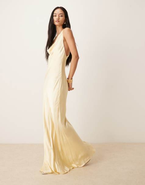 Bardot Anouk cowl neck open cross back thigh split maxi dress in lemon