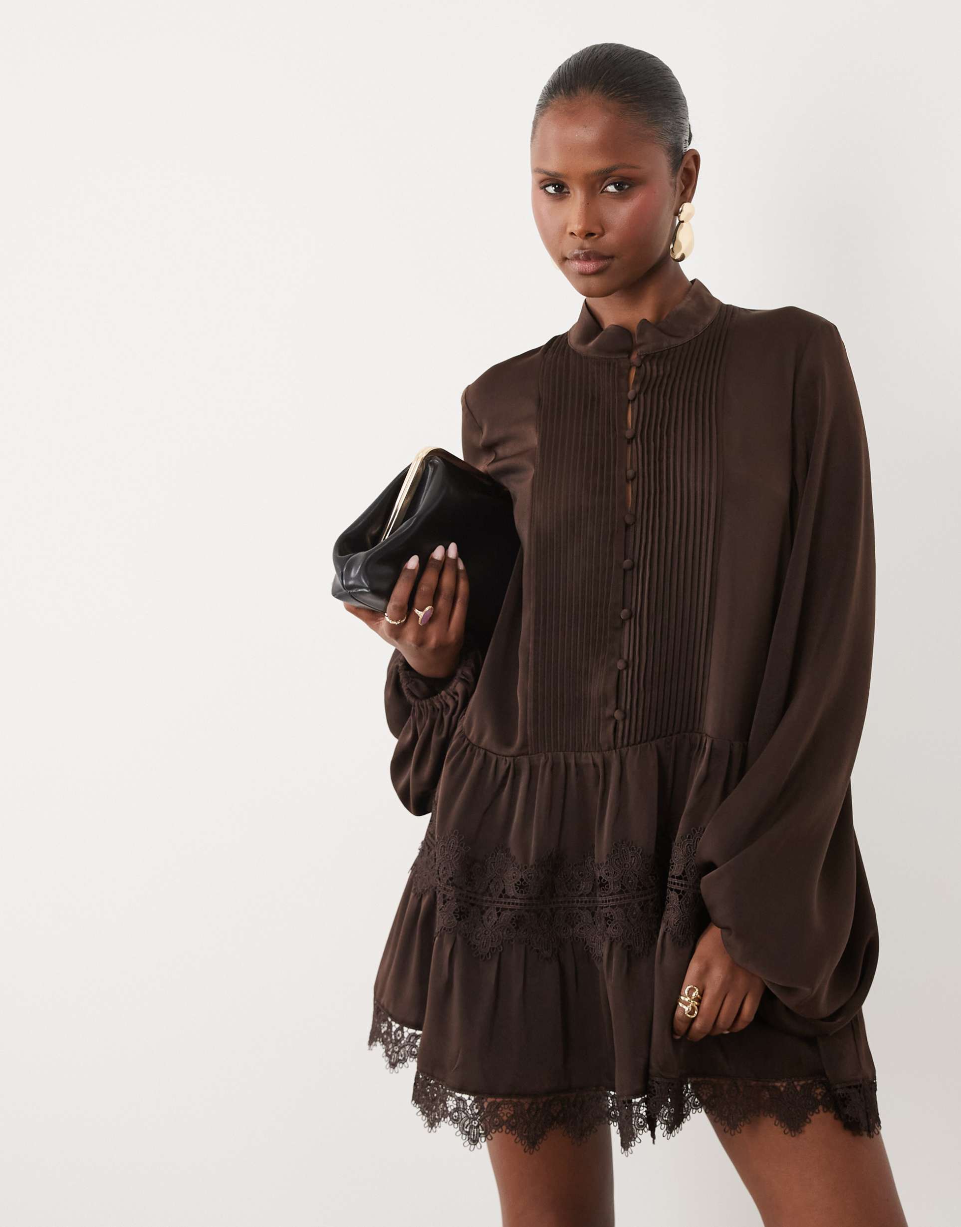 bardot antonia lace trim balloon sleeve button down mini dress in chocolate brown