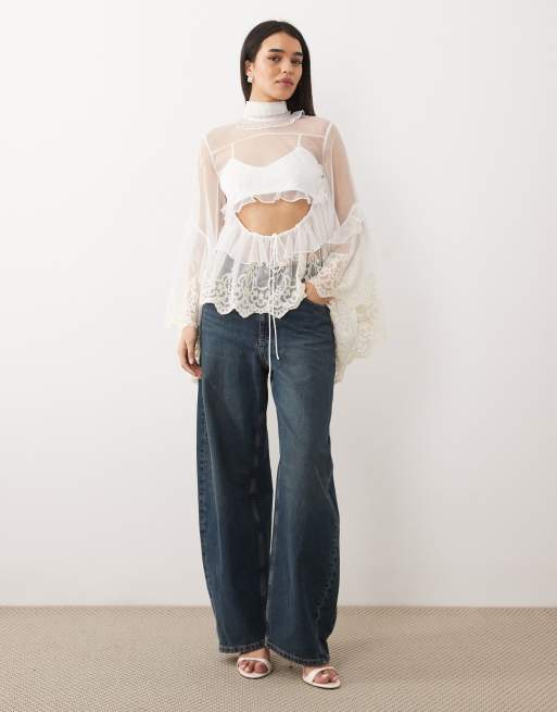 Bardot Anyssa high neck embroidered lace ruffle cut out detail top in ivory, 2 of 4