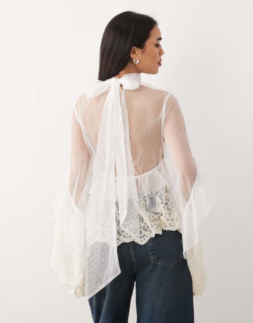 Bardot Anyssa high neck embroidered lace ruffle cut out detail top in ivory, 4 of 4