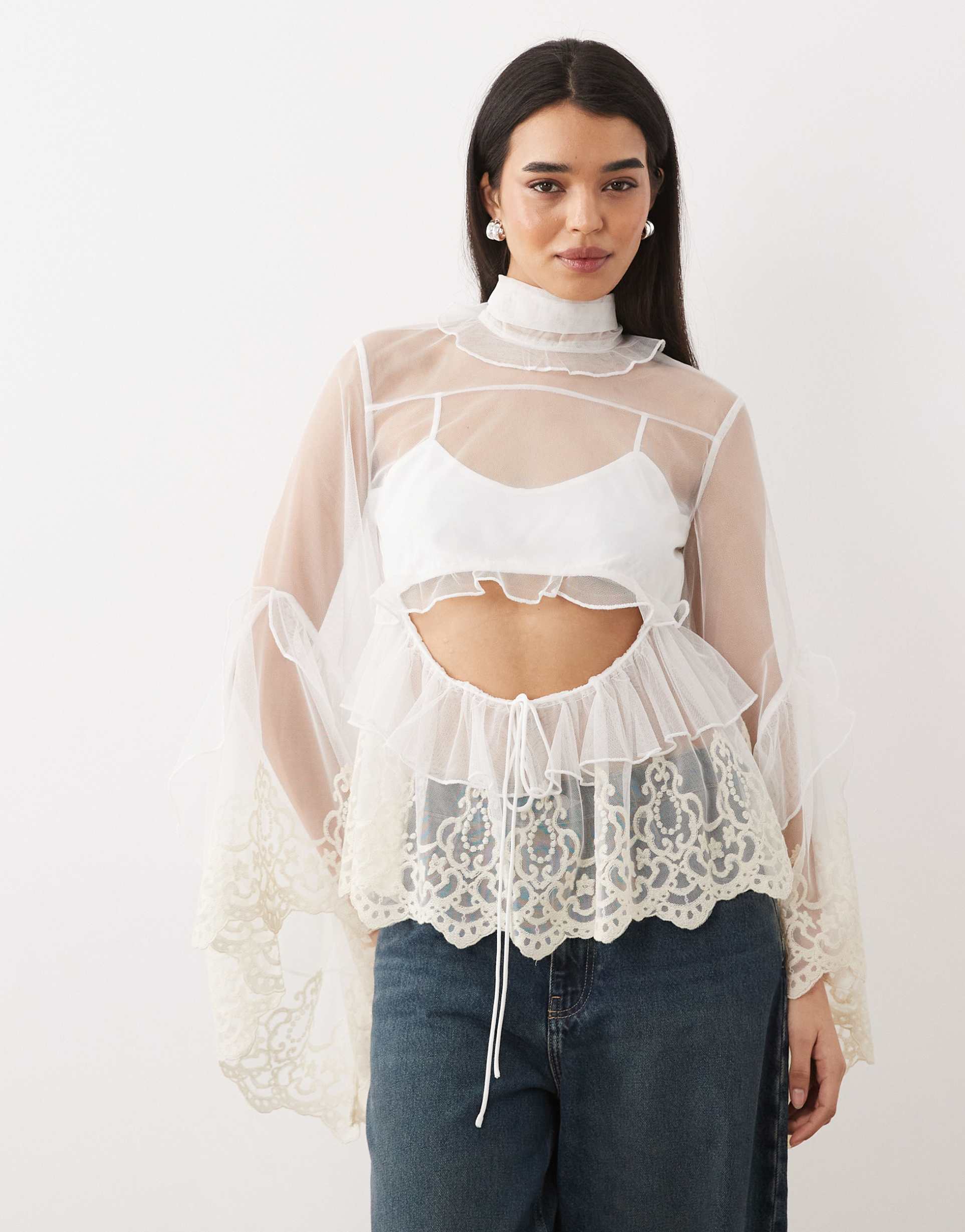 bardot anyssa lace edge ruffle trim blouse in ivory