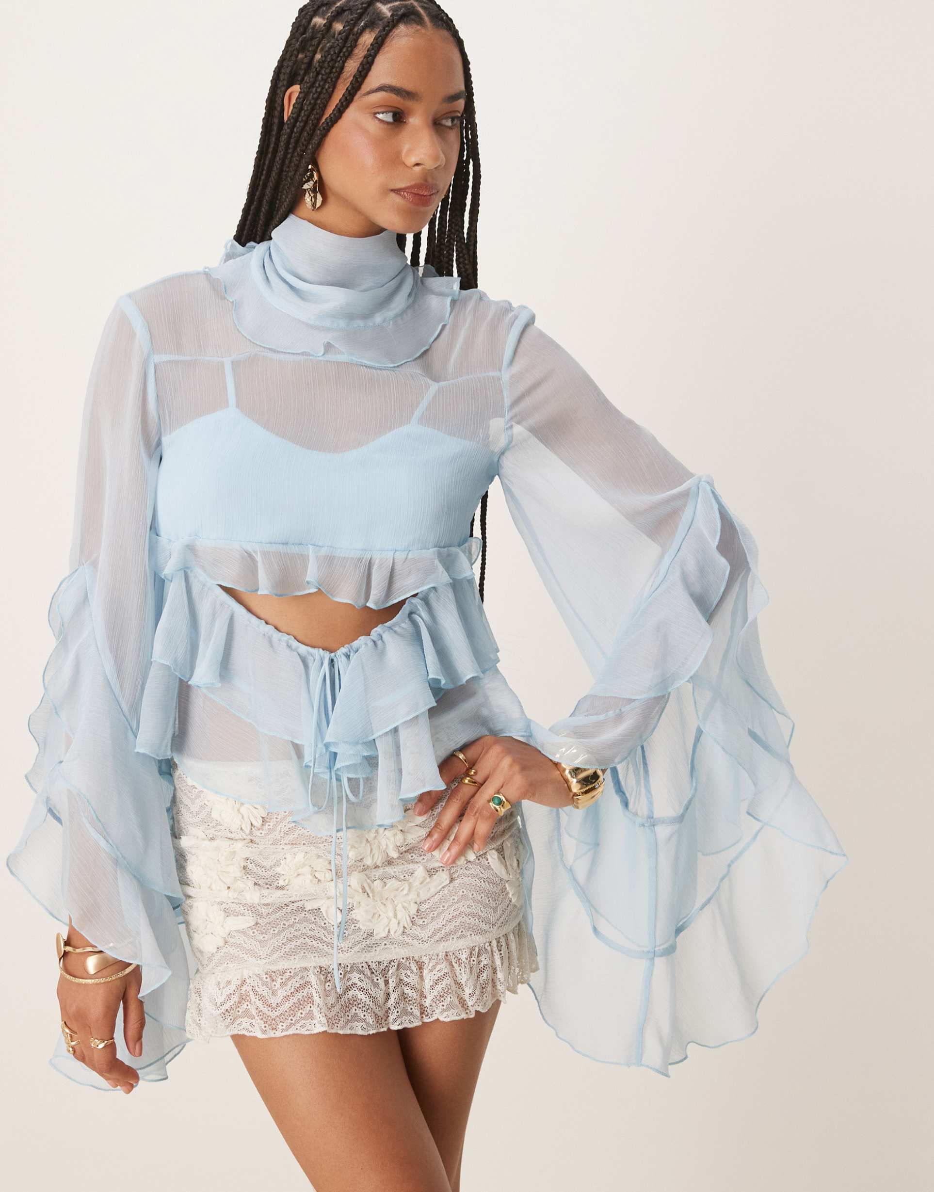 bardot anyssa ruffle blouse in soft blue