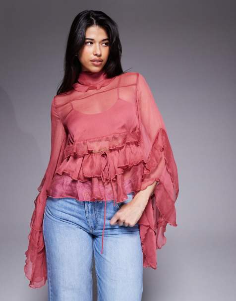 Bardot Anyssa sheer chiffon ruffle detail bell sleeve cutout blouse in rose - view 1