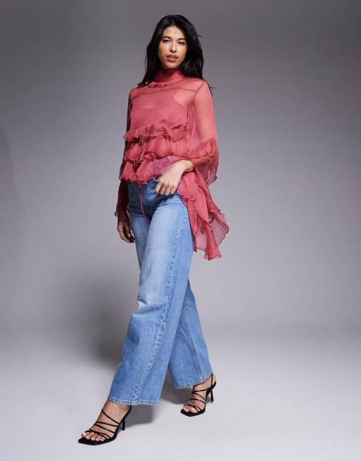 Bardot Anyssa sheer chiffon ruffle detail bell sleeve cutout blouse in rose, 2 of 4