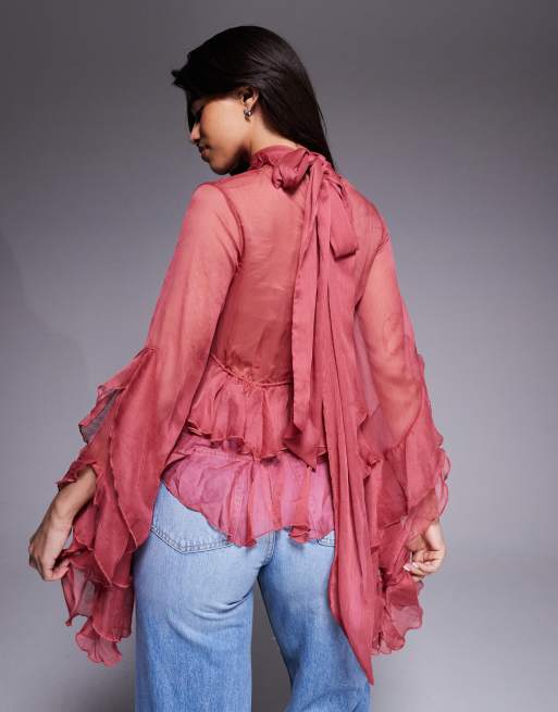 Bardot Anyssa sheer chiffon ruffle detail bell sleeve cutout blouse in rose, 4 of 4