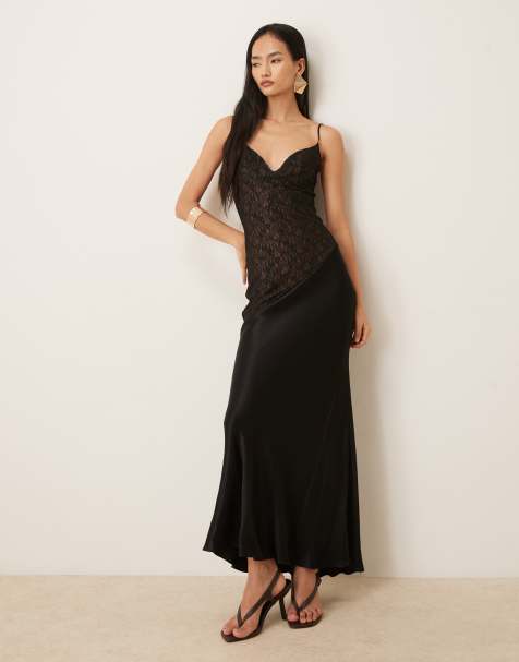 Bardot Aralia asymmetric lace bodice satin hem maxi dress in black - view 1