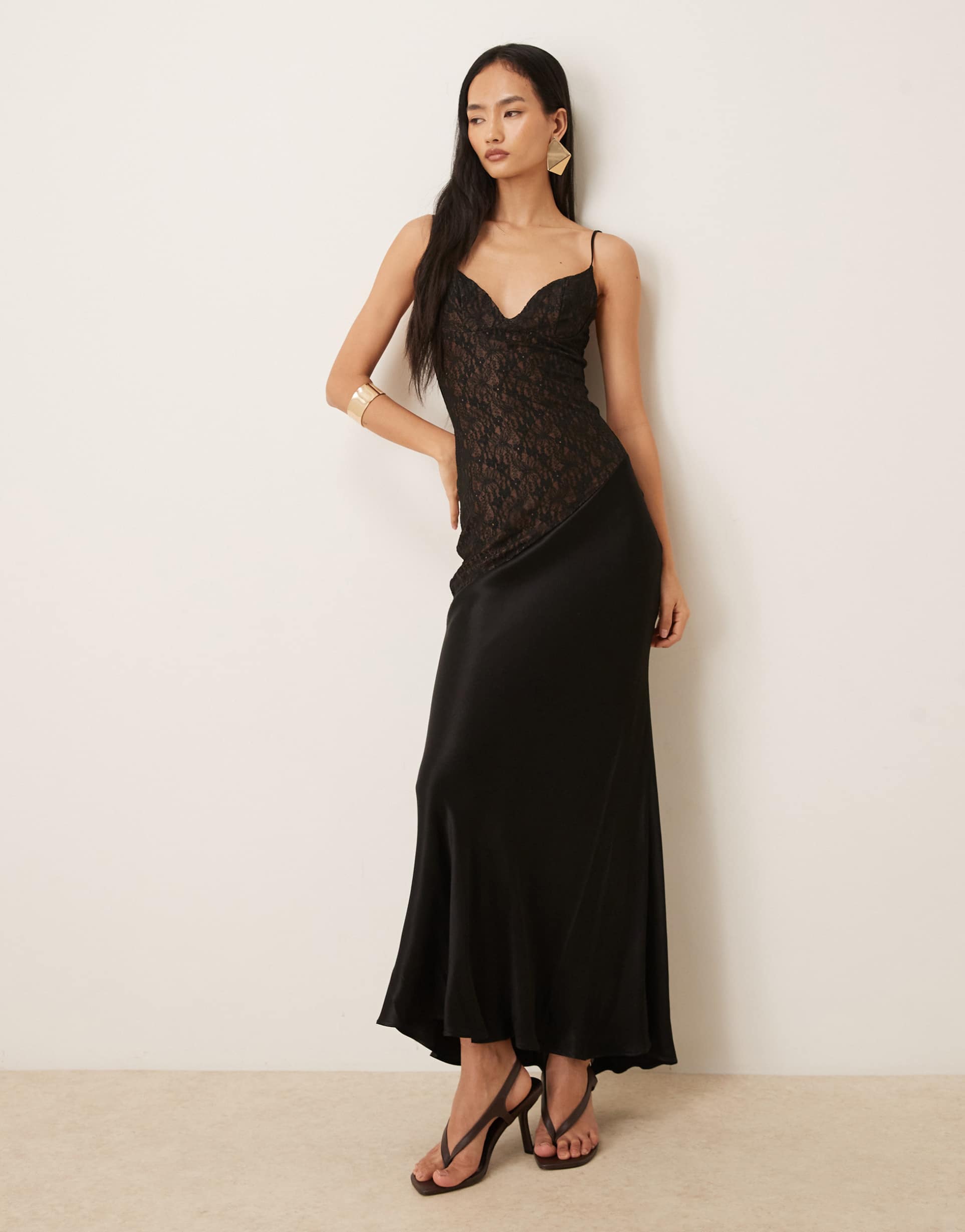 bardot aralia asymmetric lace bodice satin hem maxi dress in black