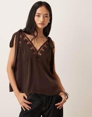 Bardot Aubrey Satin Bow Tie Shoulder Detail Lace Trim Cami Top In Brown