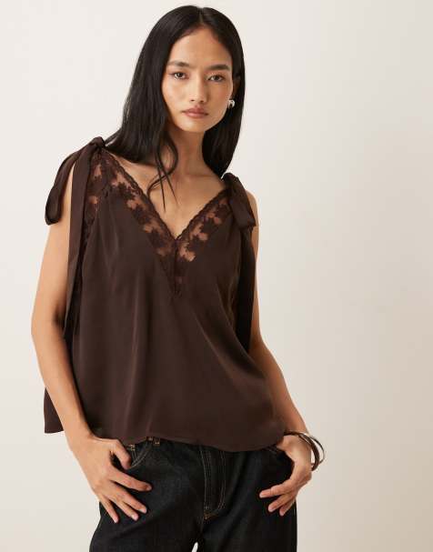 Bardot Aubrey satin bow tie shoulder detail lace trim cami top in dark chocolate - view 1