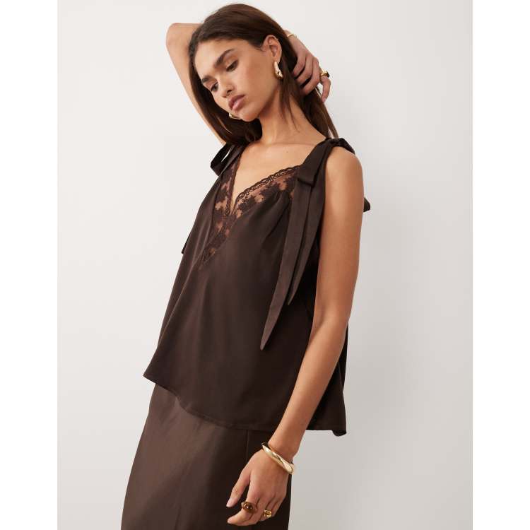 Bardot Aubrey satin bow tie shoulder detail lace trim cami top in