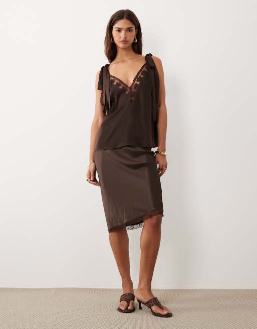 Bardot Aubrey satin bow tie shoulder detail lace trim cami top in