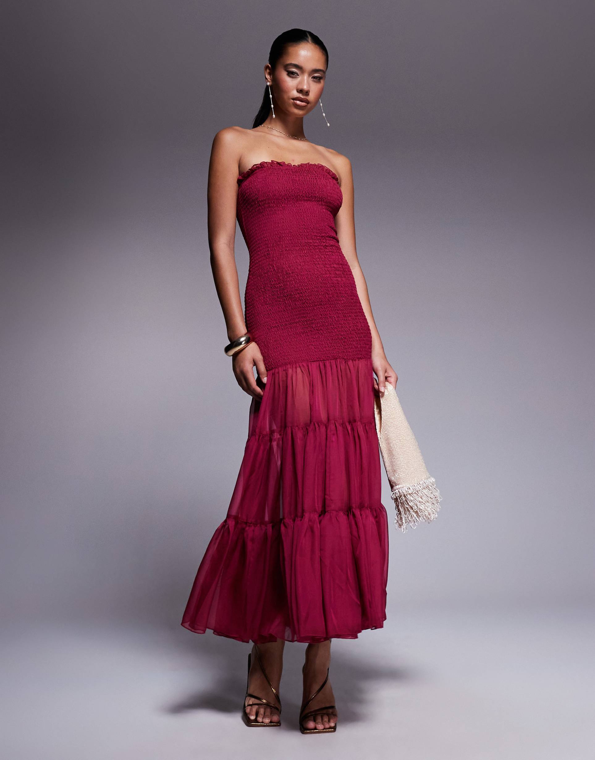 bardot azura strapless maxi dress in pale burgundy