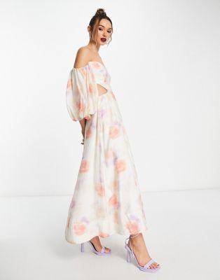balloon sleeve cut-out maxi dress in painterly floral-Multi