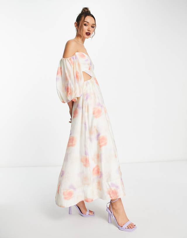 Bardot balloon sleeve cut-out maxi dress in painterly floral