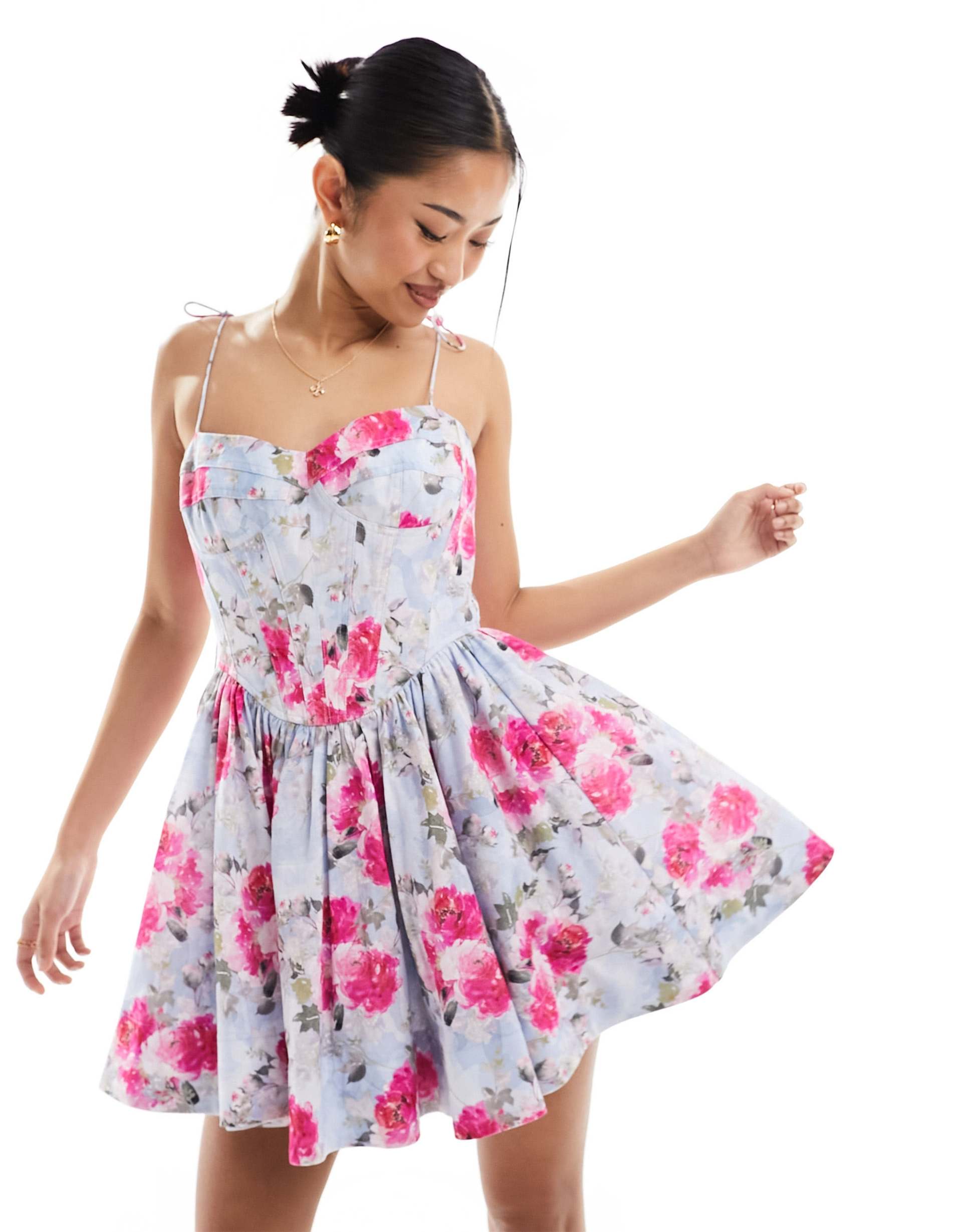 bardot bandeau corset mini dress in blue and pink floral