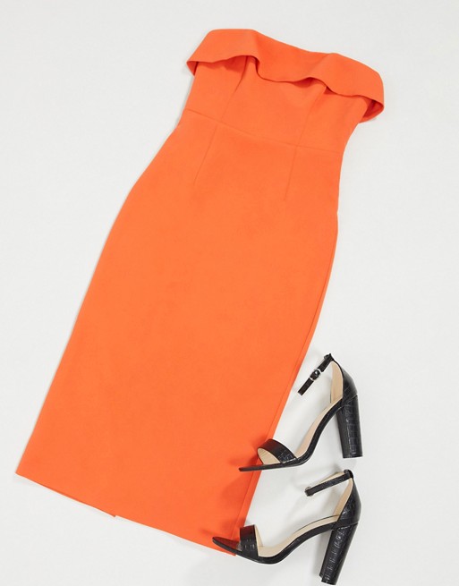 Bardot bandeau midi pencil dress in orange