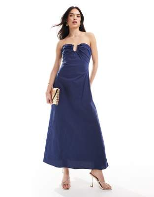 Bardot bandeau poplin maxi dress in navy