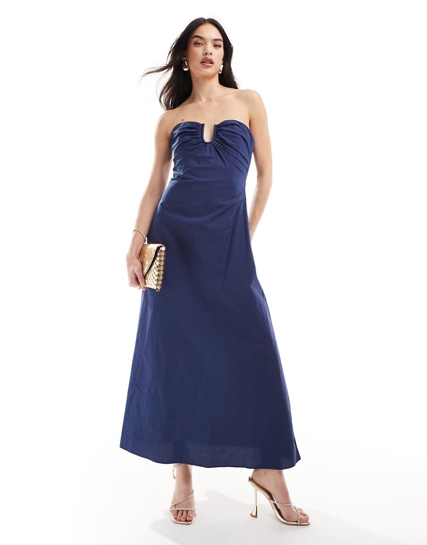 bandeau poplin maxi dress in navy-Blue