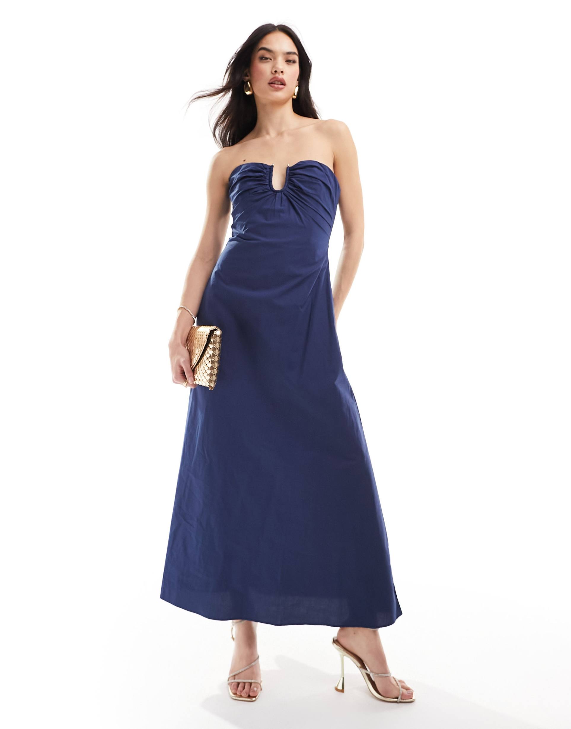 bardot bandeau poplin maxi dress in navy
