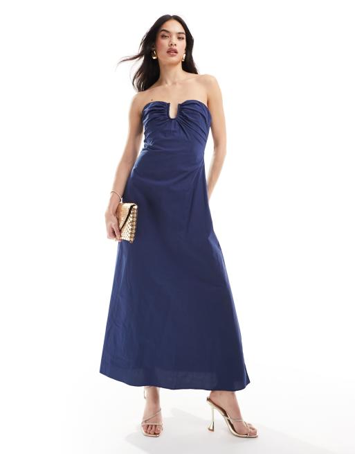 Navy Bardot Extreme Split Maxi Dress