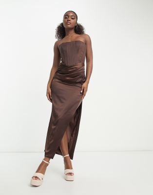 BARDOT BANDEAU SATIN SLIP MIDI DRESS IN CHOCOLATE-BROWN