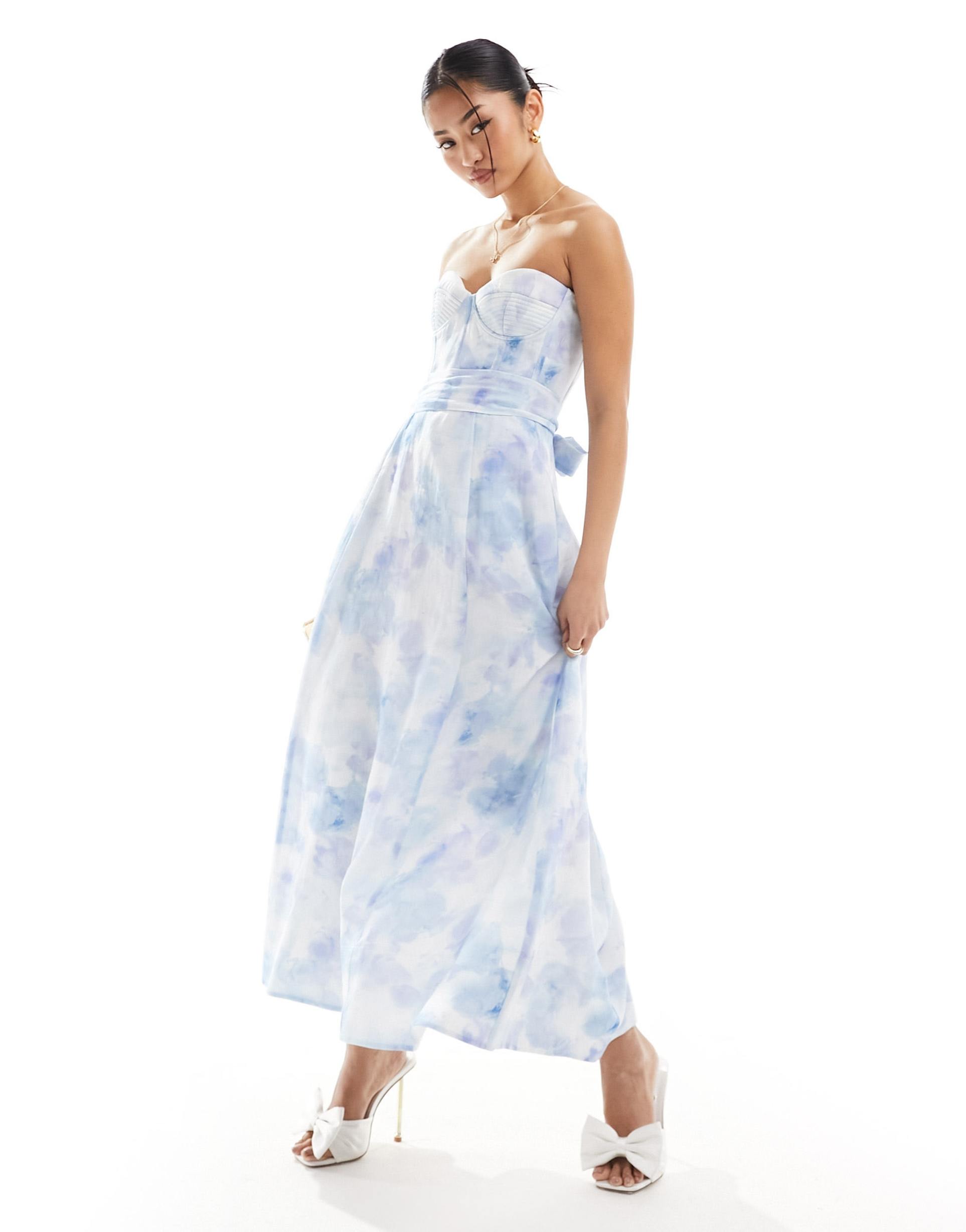 bardot bandeau tie dye midi dress in blue