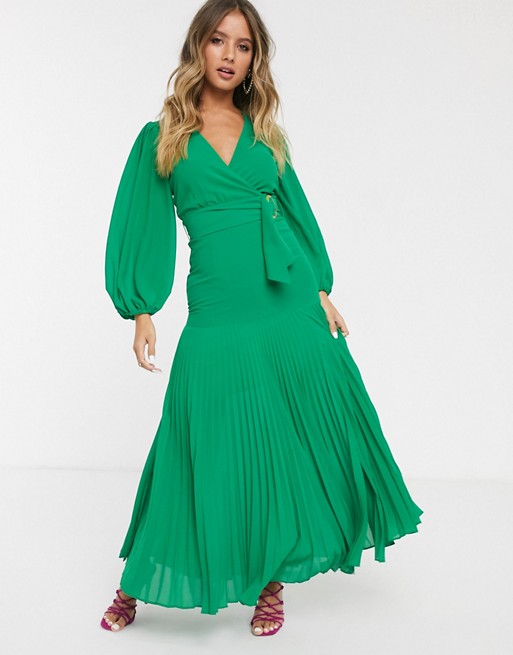Bardot belted maxi dress with thigh split in vivid green