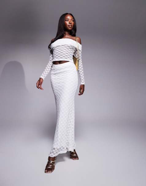Bardot lace mesh maxi skirt co-ord white