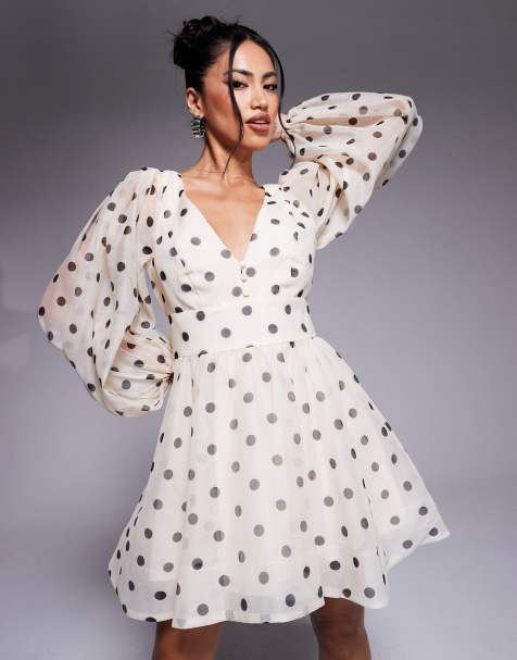 Bardot mini skater dress in white polka dot