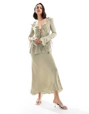 Bardot Bardot bias cut midi skirt in green stripe co ord