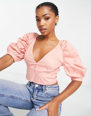 Bardot bow back cotton crop top in rose pink-Brown