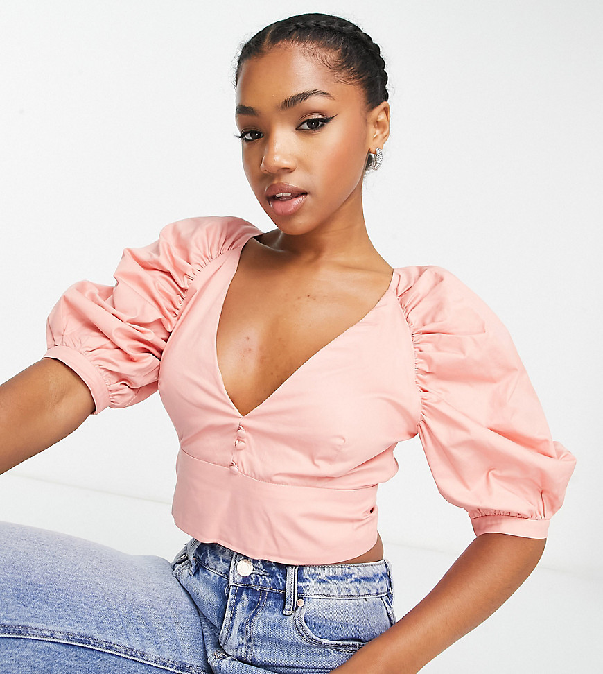 Bardot bow back cotton crop top in rose pink-Brown