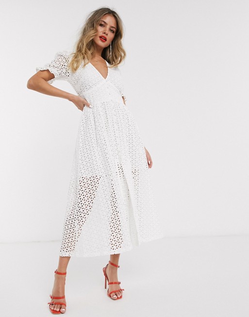 Bardot broderie puff sleeve midaxi dress in white