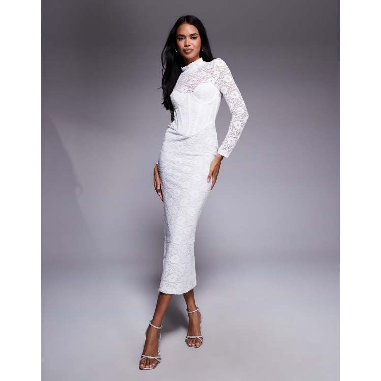 Bardot Carmen lace corset long sleeve midi dress in orchid white | ASOS