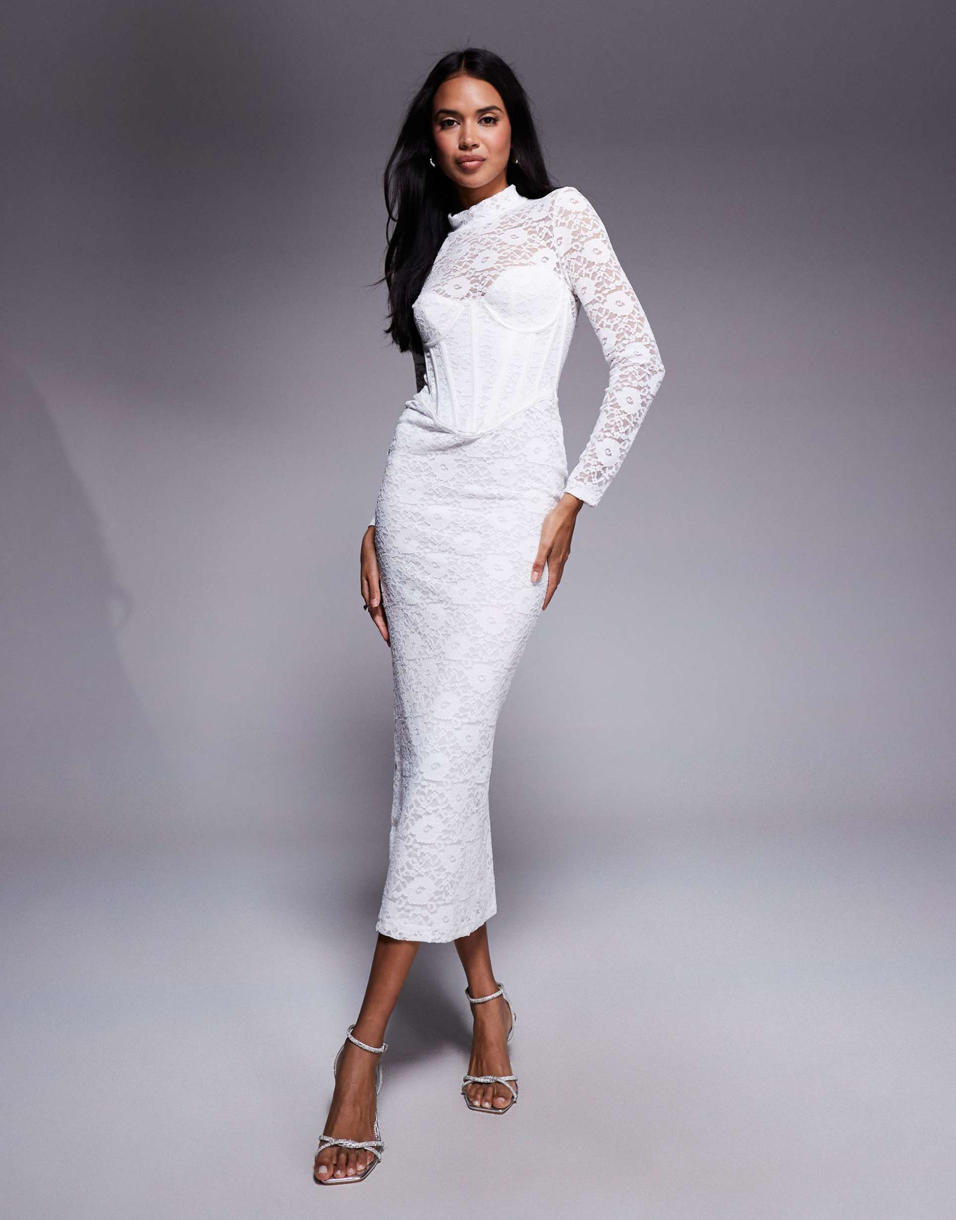 bardot carmen lace corset long sleeve midi dress in orchid white