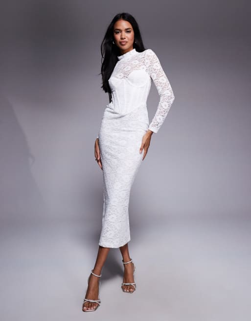 Bardot - Carmen - Vestito midi a maniche lunghe color bianco orchidea con corsetto in pizzo