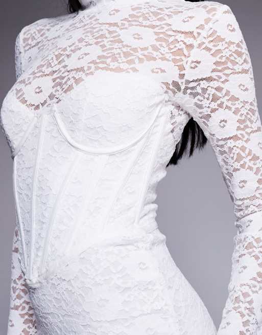 Bardot - Carmen - Vestito midi a maniche lunghe color bianco orchidea con corsetto in pizzo, 4 di 4