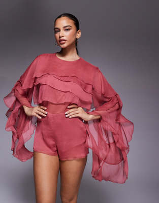 Bardot Carson Chiffon Sheer Ruffle Caped Exaggerated Sleeves Romper In Purple