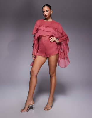 Bardot Carson Chiffon Sheer Ruffle Caped Exaggerated Sleeves Romper In Purple