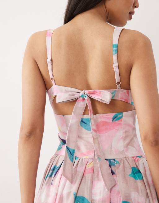 pink milkmaid dress Puff Sleeve Mini in Hot Style it as the model does with simple flat sandals to let the dress take centre stage Bardot Cartia corset detailing tie