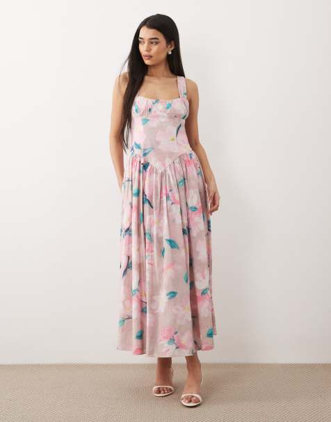 Bardot Cartia cotton milkmaid corset detail tie back maxi dress in pink floral - view 1